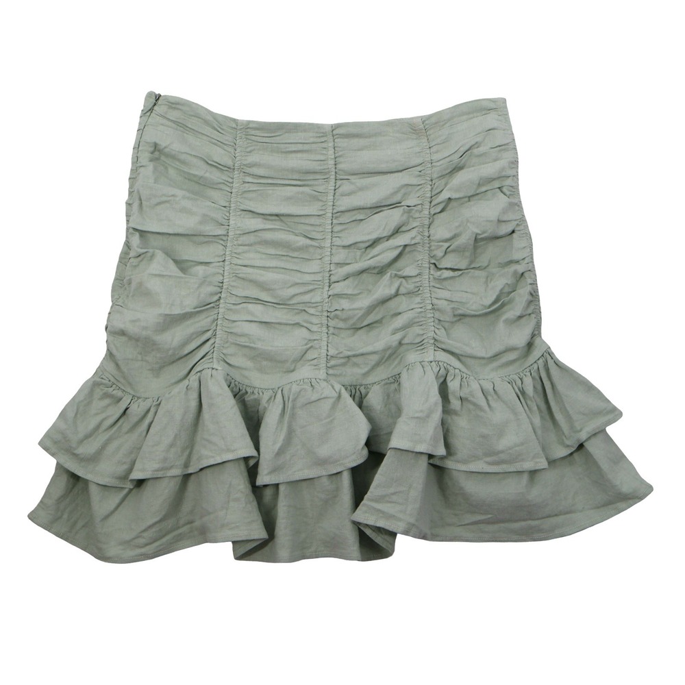 Zara Sage Green Ruched Ruffle Mini Skirt Linen Blend Side‎ Zip Size S
